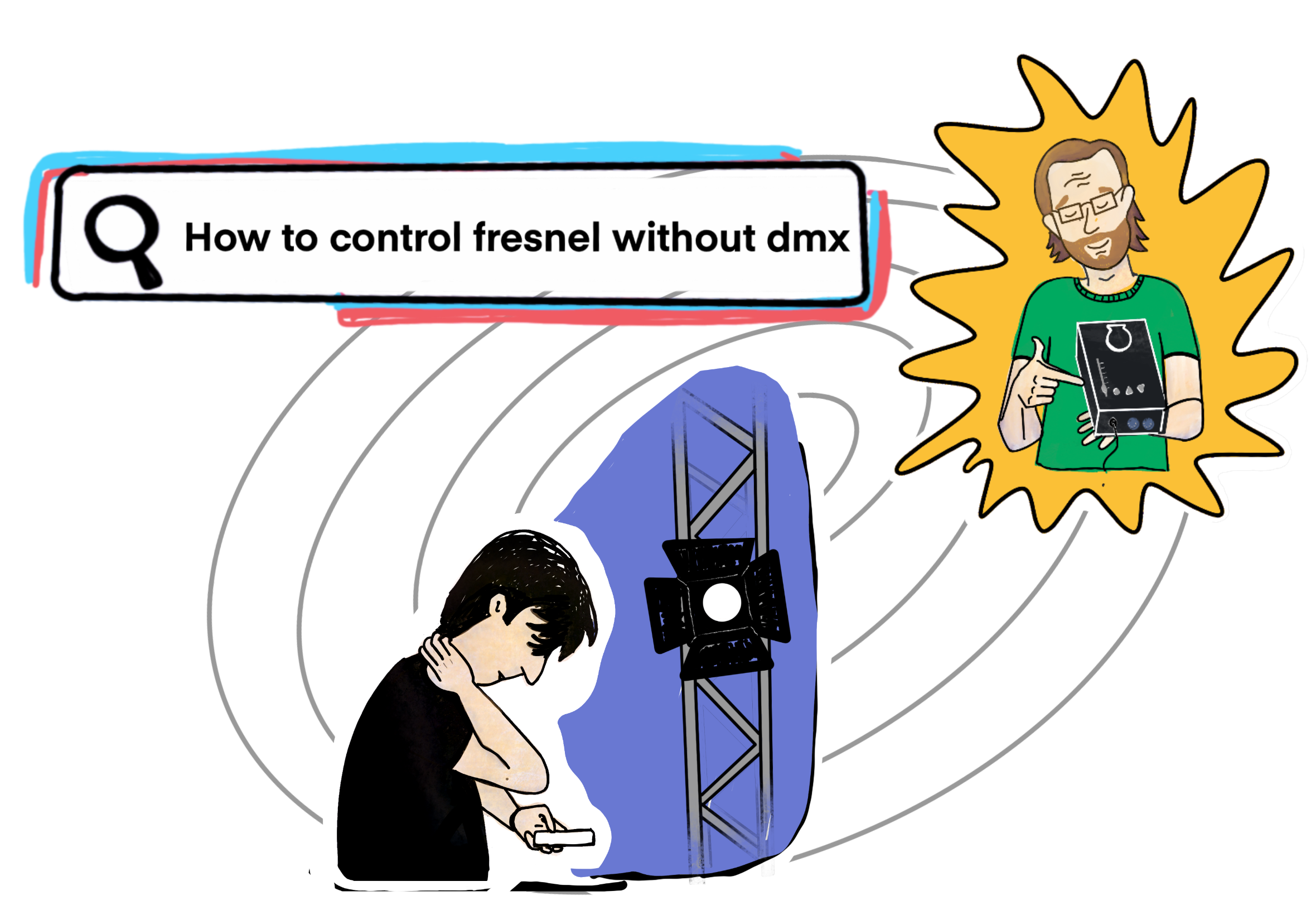 Illustration showing a generational gap in stage lighting: a young technician searching how to control a Fresnel without DMX, while an experienced lighting technician appears holding a DMX dimmer pack.