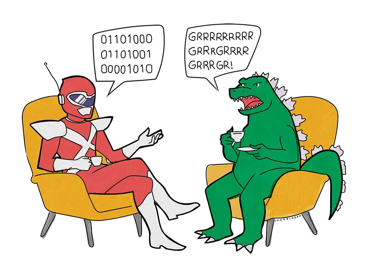 futurist person chatting with a godzilla, having a tea, the futurist talks binary, the dino talks grr as an allegory for the generational gap and the translation between worlds